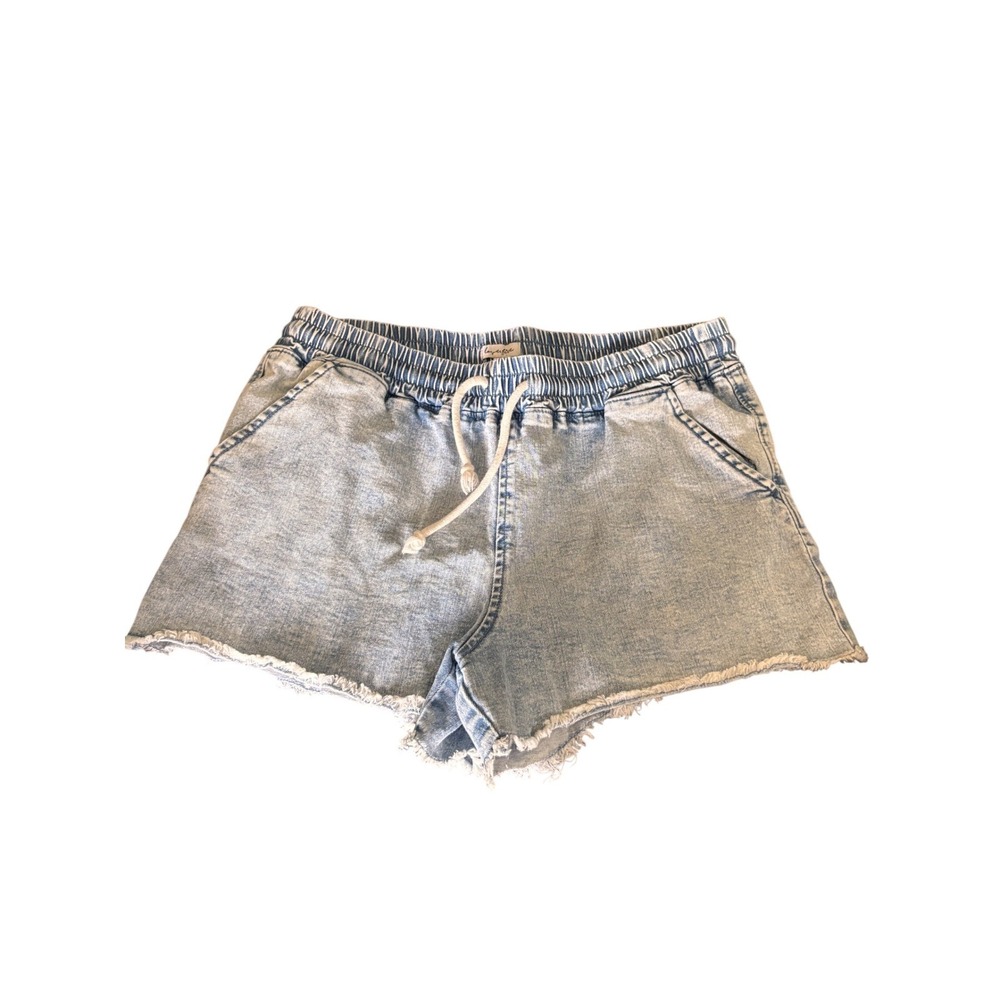 Love Fire Womens Medium Acid Wash Denim Shorts Elastic Waist Frayed Hem‎ Blue
